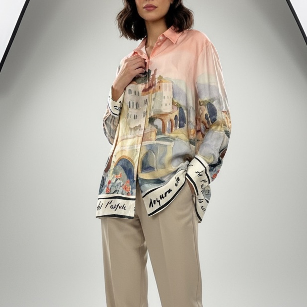 H&M Mediterranean Print oversized Shirt, size M